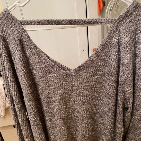 Gray off the shoulder sweater with a v-neck back. - Picture 2 of 2
